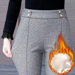 Velveteen Lined Woolen Flare Suit Pants Slim Winter Elastic High Waist Office Elagant Casual Pantalones Classic Women Spodnie