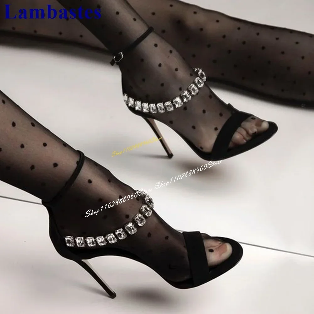 

Sexy Black Bling Crystal Strap Decor Sandals Thin High Heel Women Shoes Ankle Buckle Strap Open Toe 2024 Zapatos Para Mujere