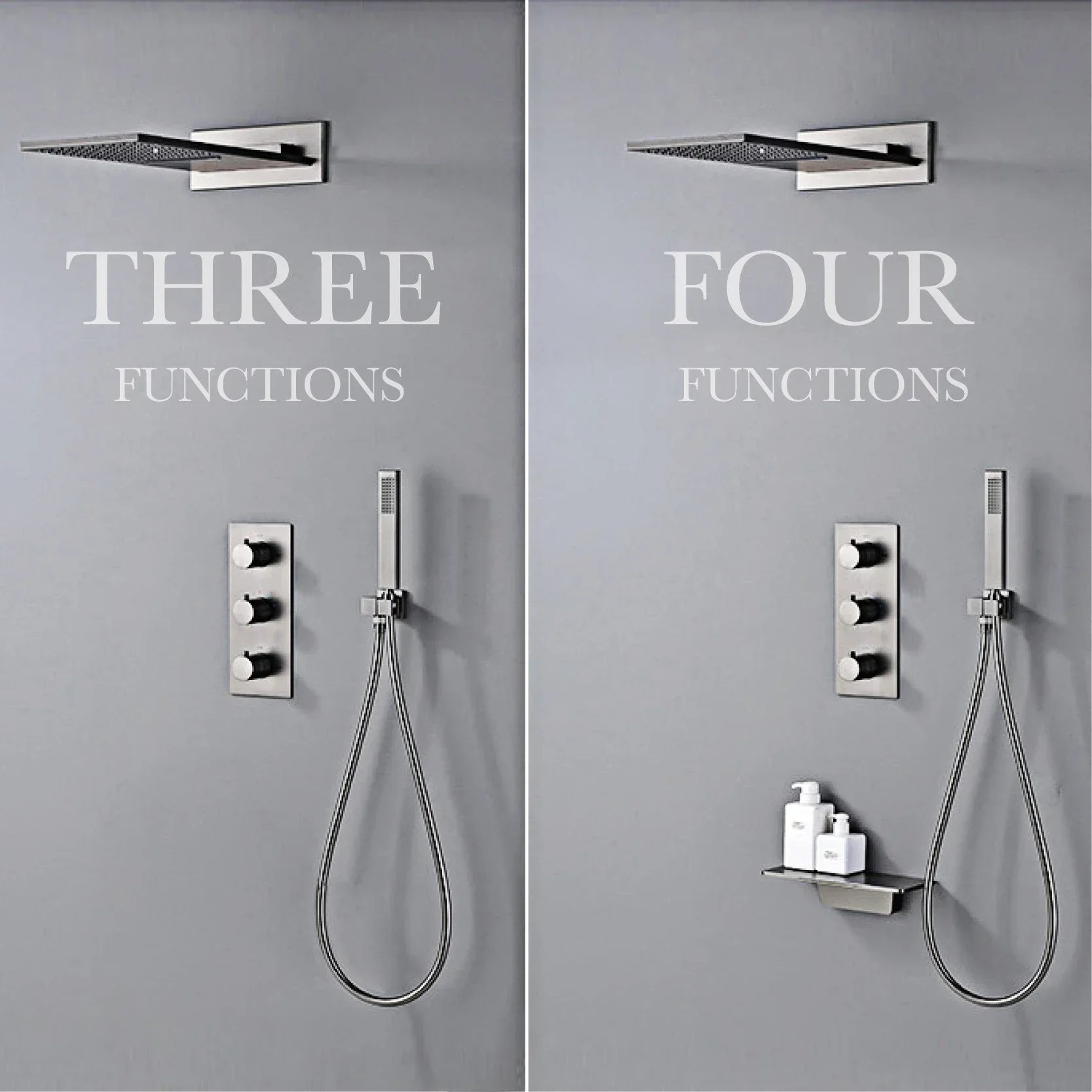 

Luxury gun gray brass shower system with concealed design Three handles Dual control of hot and cold 4-function bathroom faucet