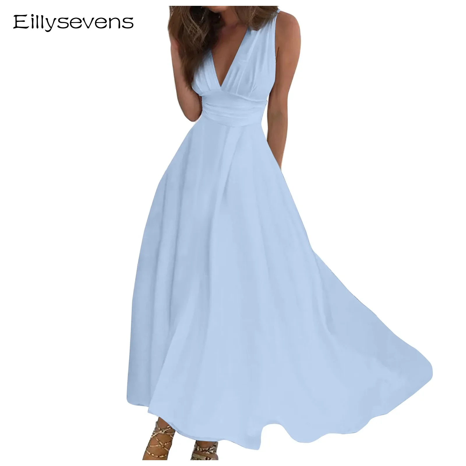 

Women's Long Dresses Solid A-line V-neck Sleeveless Beach Dress 2024 Party Prom Dress Boho Summer Casual Female Vestidos