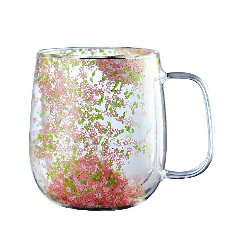 Double Wall Glass Cup with Pink Purple Blue Floral Glitters Lovely Heat Insulation Coffee Milk Shake Juice Glass Tumbler 1 Piece
