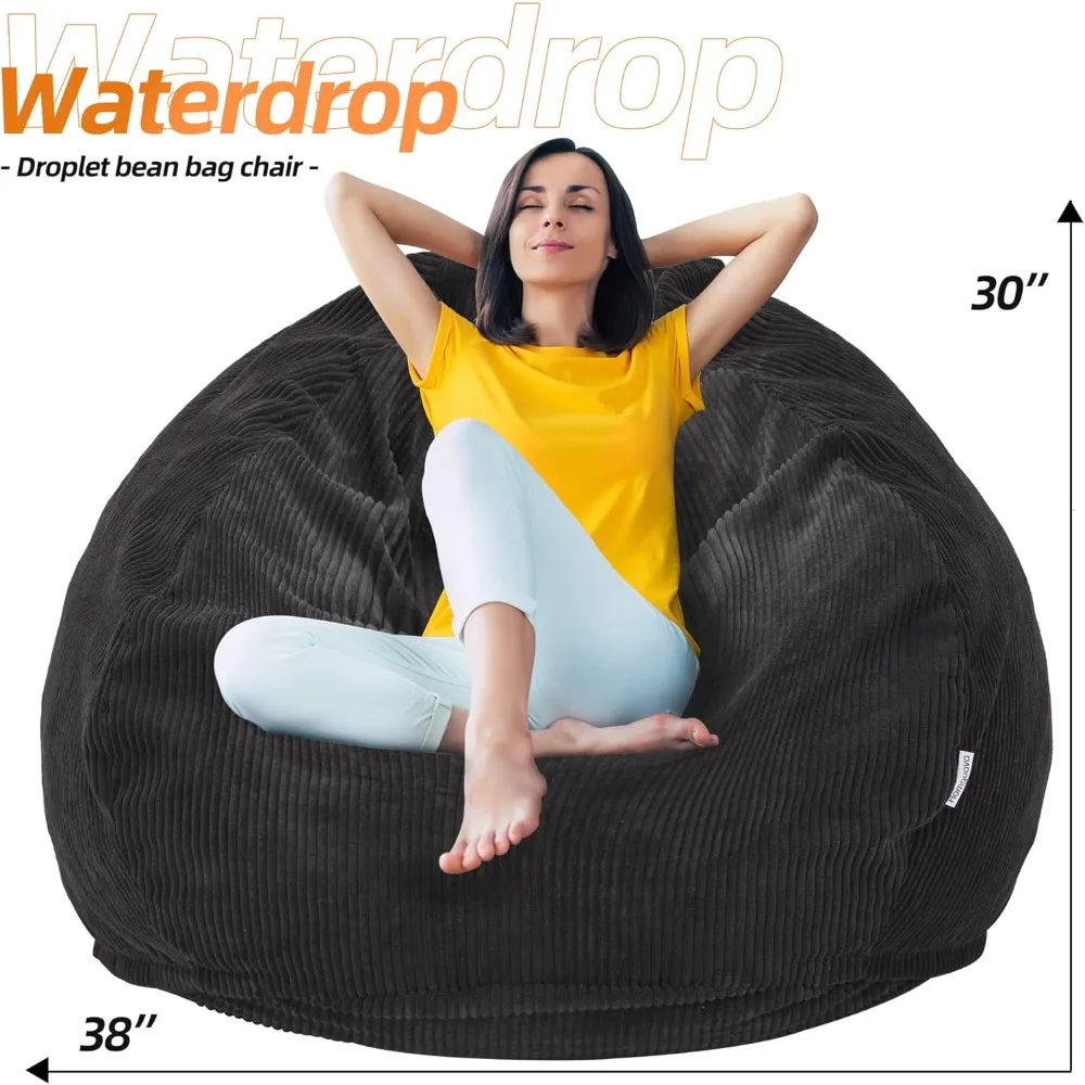 Bean Bag Chair: Teardrop Bean Bags with Memory Foam Filled, Compact Beanbag Chairs Soft Sofa with Corduroy Cover (Black)