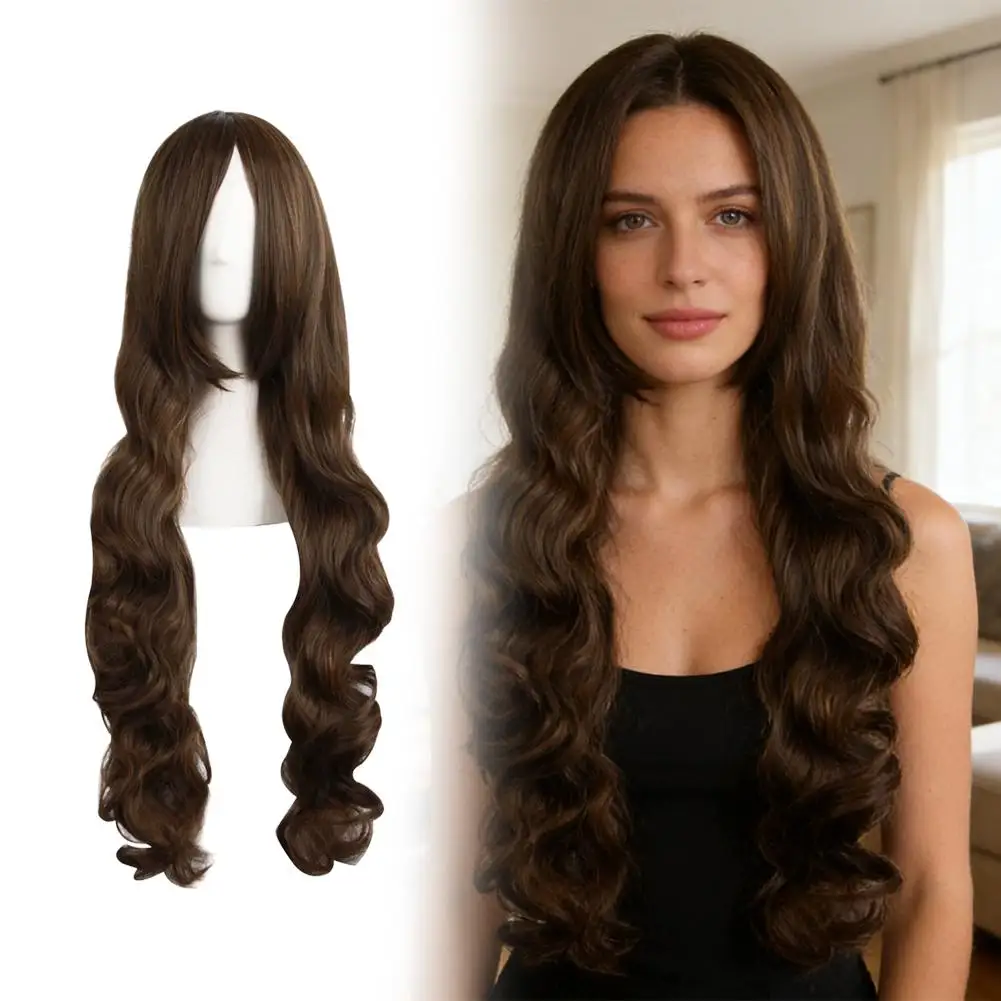 

Natural Looking 80cm Long Wave Lace Wig Natural Looking Brown Synthetic Wig for Women Lolita Cosplay Party Daily Use