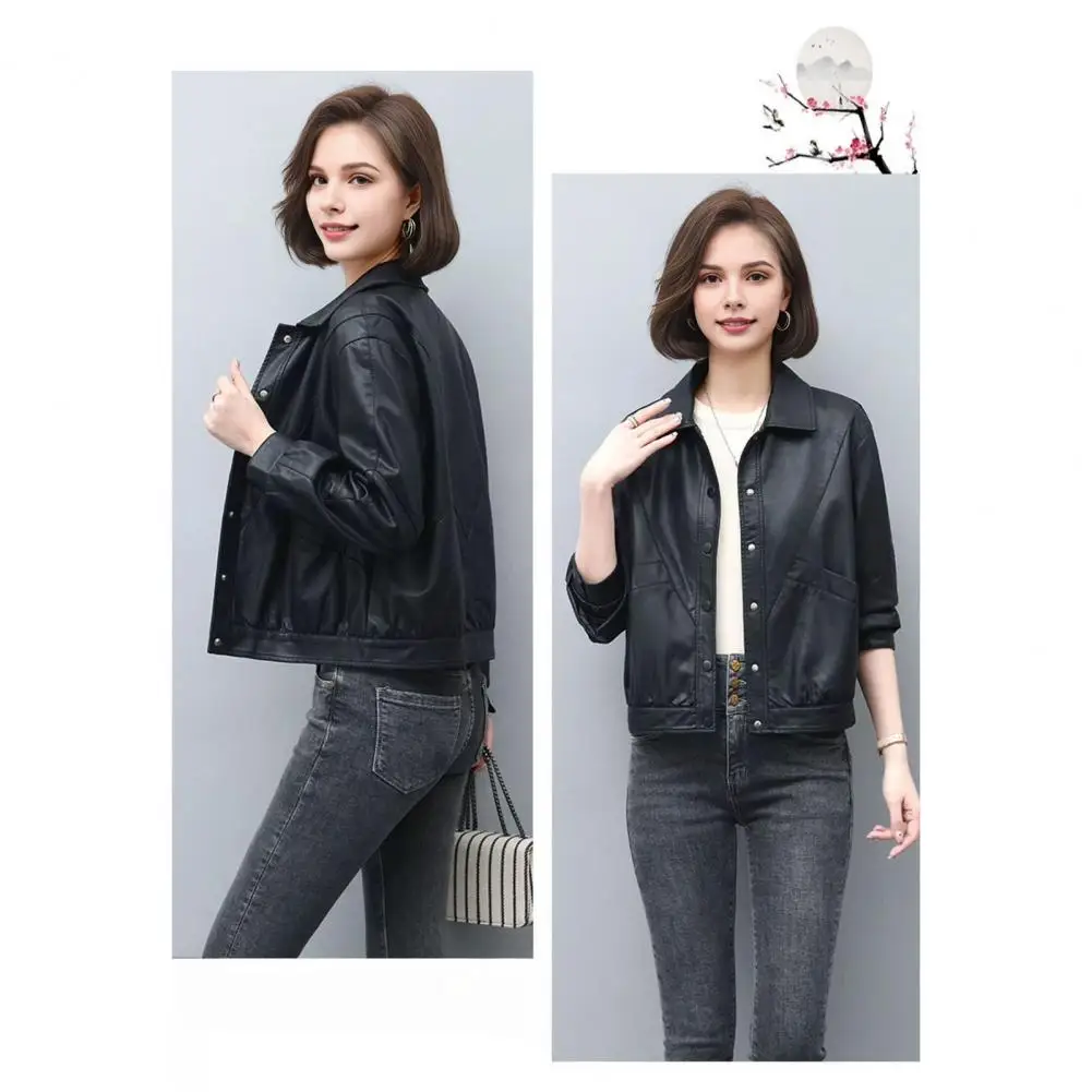 Women Faux Leather Jacket Women Outerwear Retro Motorcycle Coat with Faux Leather Smooth Surface Turn-down Collar for Women