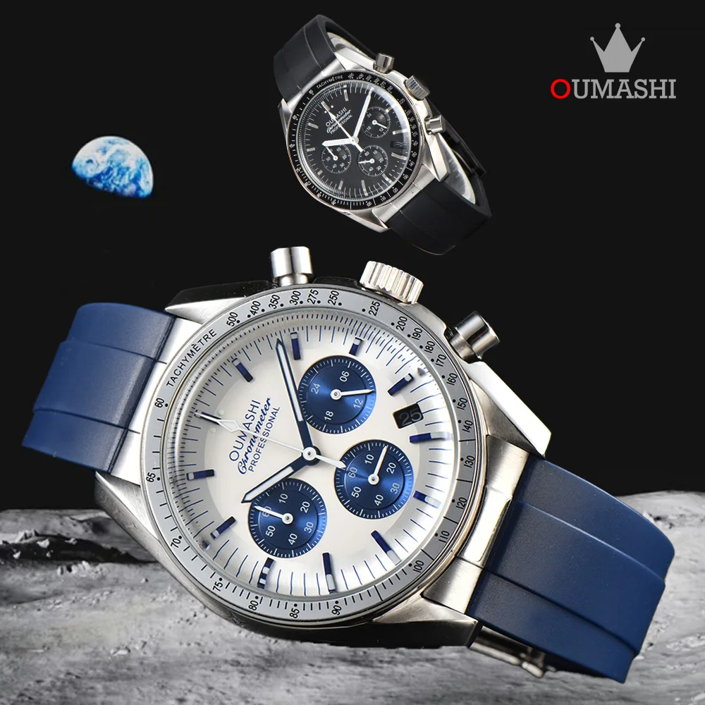 Japan Original VK63 Timing Quartz Men's Watch Panda Multi-Functional Dial Stainless Steel Sapphire Glass Waterproof Case Watch
