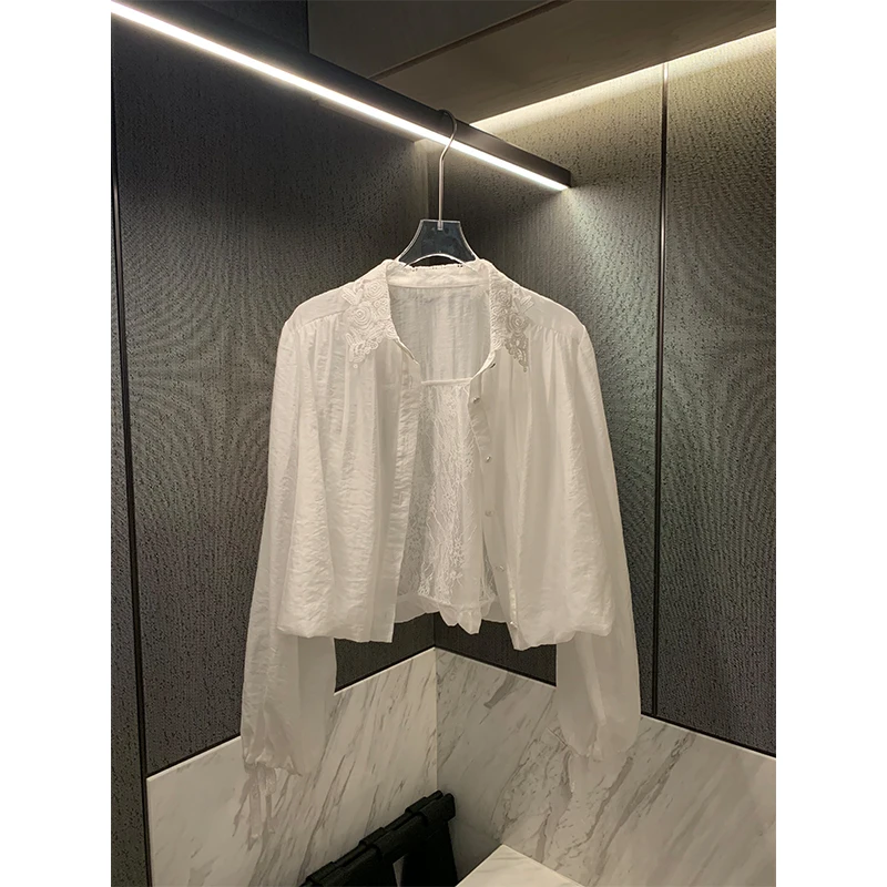 

Spring New Arrival Women's Long Sve Lace irt Thin Cardigan Sle French Design Breathable Loose Fit round Ne Button up