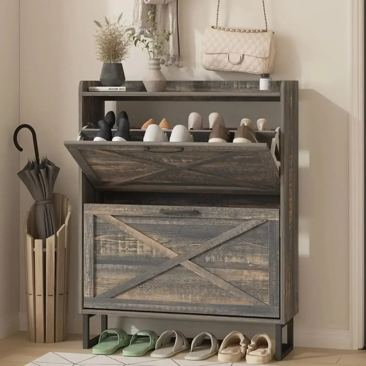 

L # Shoe Cabinet With Flip Drawers, Freestanding Cabinet Organizer With Metal Legs, Shoes Storage Cabinet For Entryway