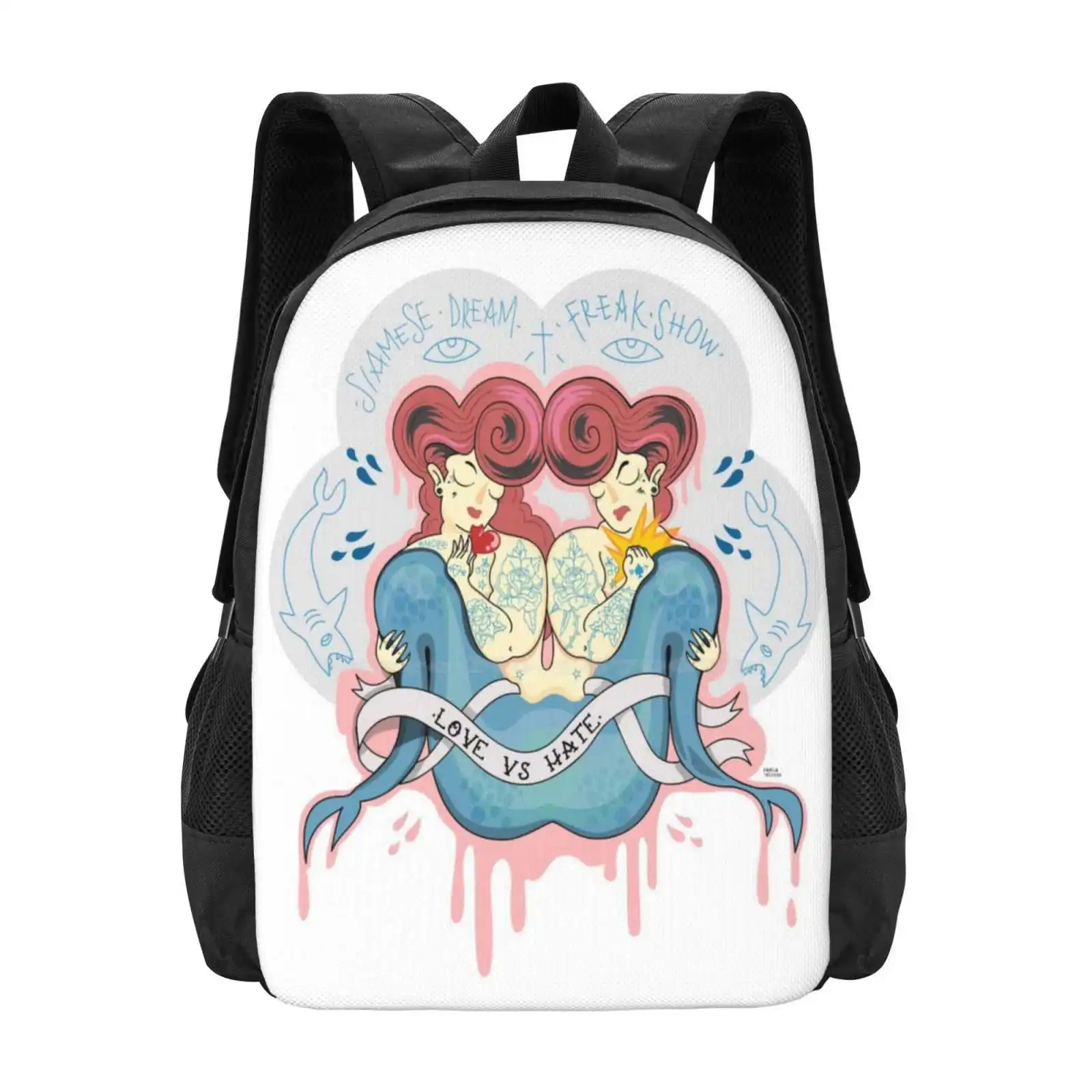 

Siamese Dream New Arrivals Unisex Bags Student Bag Backpack Hate Love Vectorial Mermaids Freskshow Freaky Friki Sea Marine