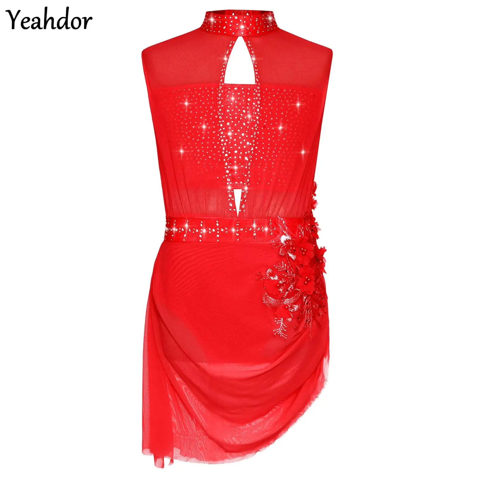 

Girls Gymnastics Ballet Dance Dress Sleeveless Sheer Mesh Rhinestone Tutu Leotard Dress Figure Skating Dance Performance Clothes