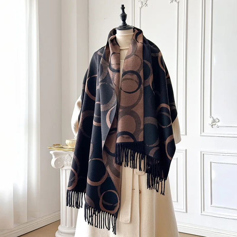 Women Luxury Faux Cashmere Winter Scarf Double Sided Circle Geometric Pattern Thick Warm Fringe Shawl Wrap Bufanda Lujo Mujer