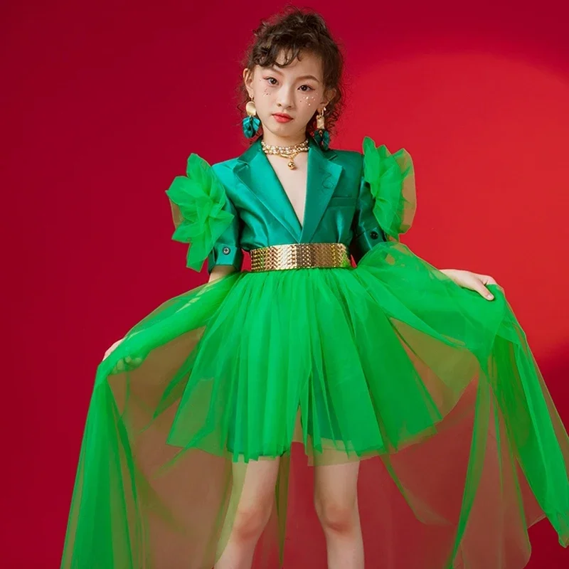 

2025 New Children'S Ballroom Dance Costumes Green Jazz Dance Clothing Kids Kpop Outfits Stage Performance Catwalk Wear