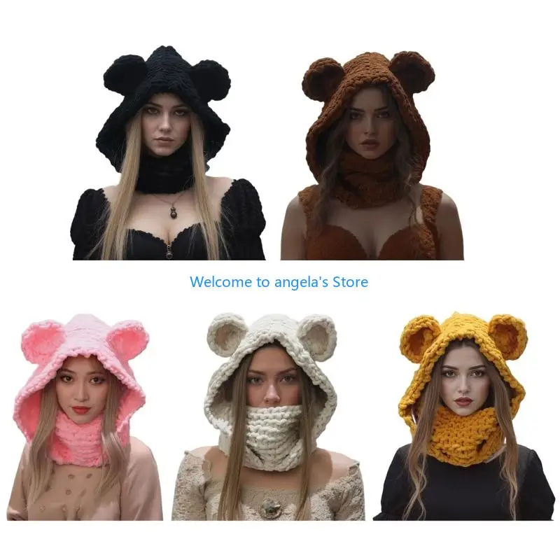 

X4YC Зимняя утолщенная шапка для лица с медвежьими ушками, вязаный крючком, мягкий пуловер, утеплитель для головы