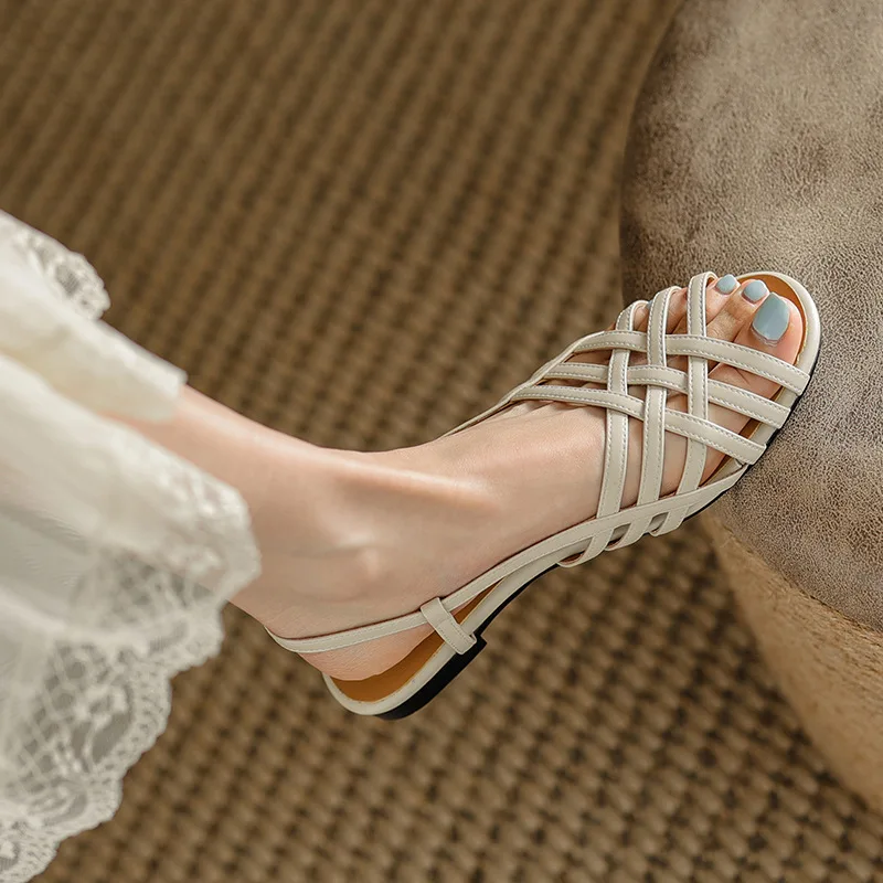 

2026 Rome Shoes Woman Sandals Flat Heel Sandalia Mujer Narrow Straps Gladiator Beach Sandals Hollow Peep Toe Slides Shoes Ladies