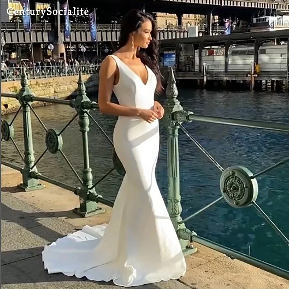 

Mermaid Wedding Dress Women 2025 V Neck Backless Crepe Simple Bridal Gowns Elegant Bride Dresses Vestido de Noiva Customized