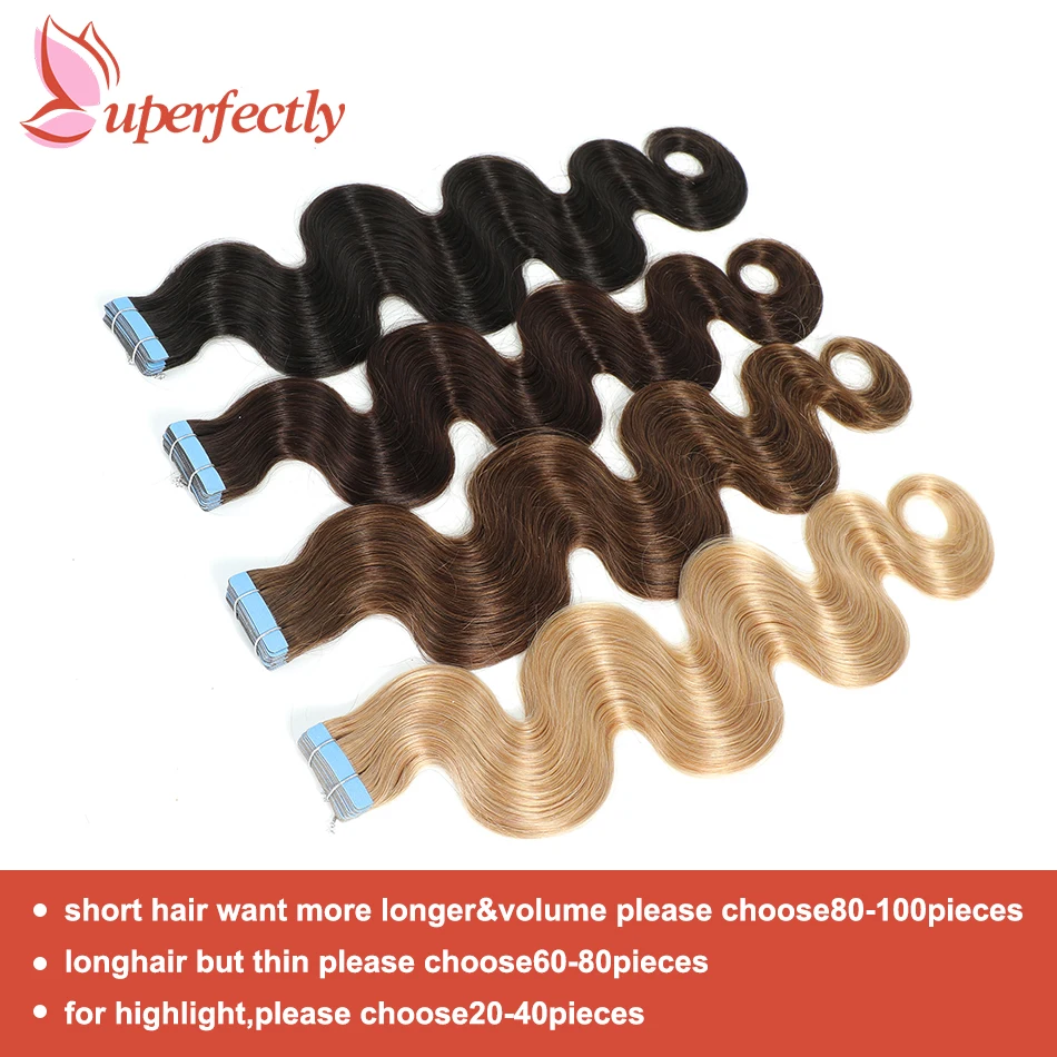 Uperfectly Body Wave Tape In Hair Extensions 100%Human Hair Colored Brazilian Seamless Skin Weft 12"-26" Full End 2g/pc