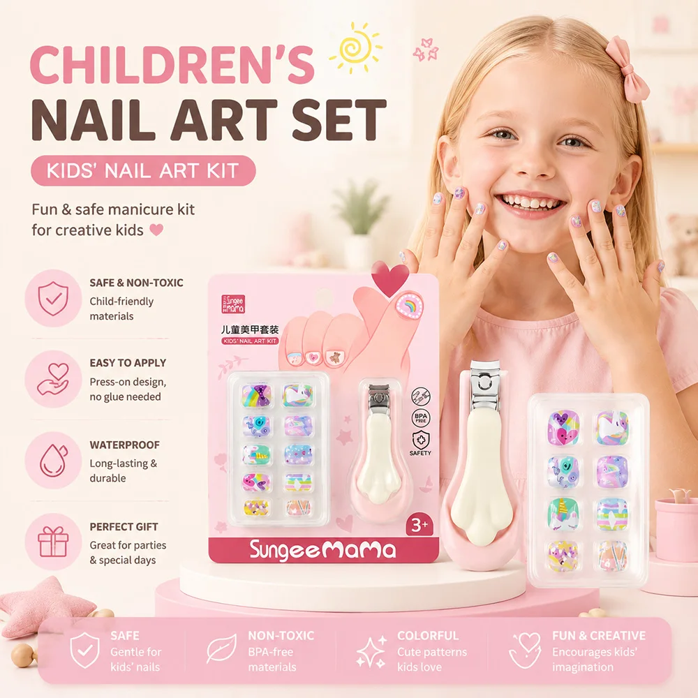 Kids Nail Art Kit with Nail Clipper Press On Nail Stickers Set for Girls Children's Manicure Kit Creative Gift Party Accessories