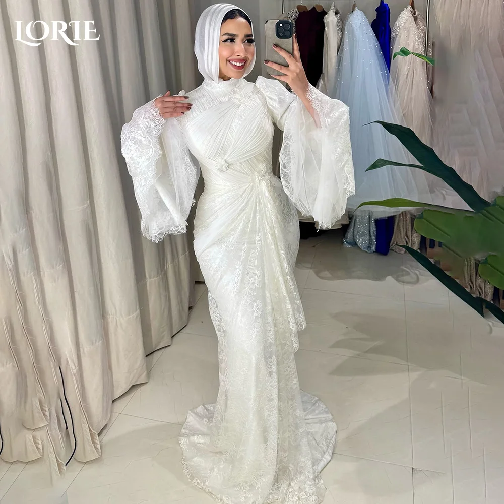 

LORIE Lace Muslim Wedding Dresses Applique High Collar Flared Sleeve Church Mermaid Bridal Gown vestido de novia Customized