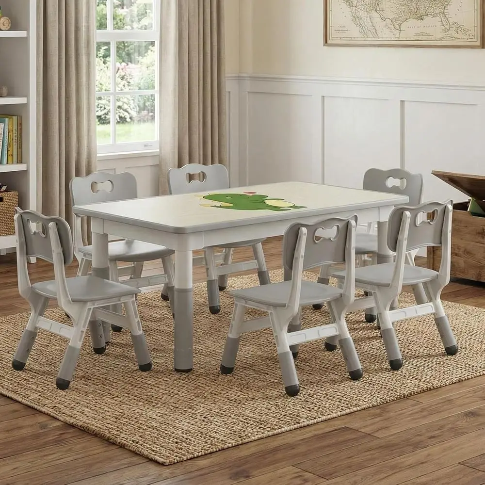 

Height Adjustable Toddler Table and 6 Chairs, Graffiti Desktop, Children Study Set for Home Daycare, Ages 2-10, Grey