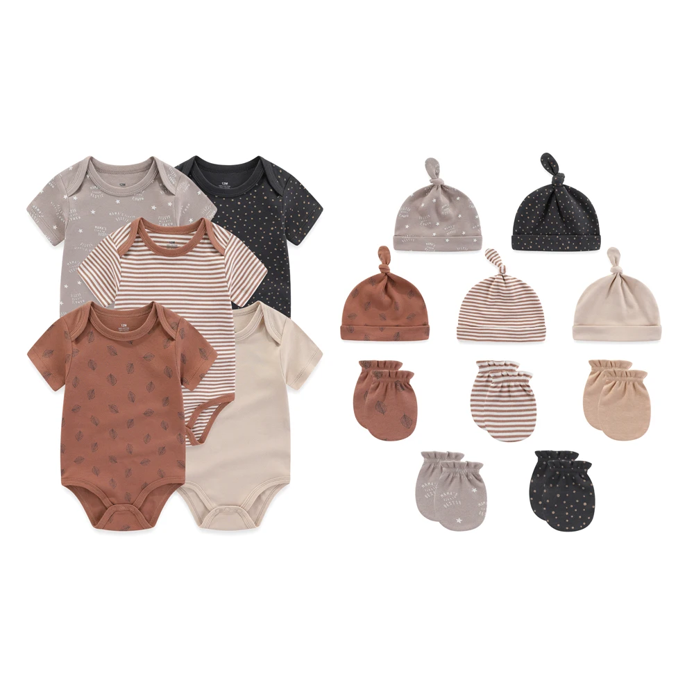 Kiddiezoom 15Pcs/Lot Fashion Casual Unisex Baby Boy Girl Bodysuits+Hats+Gloves Newborn Layette Sets Infant Shower Gift