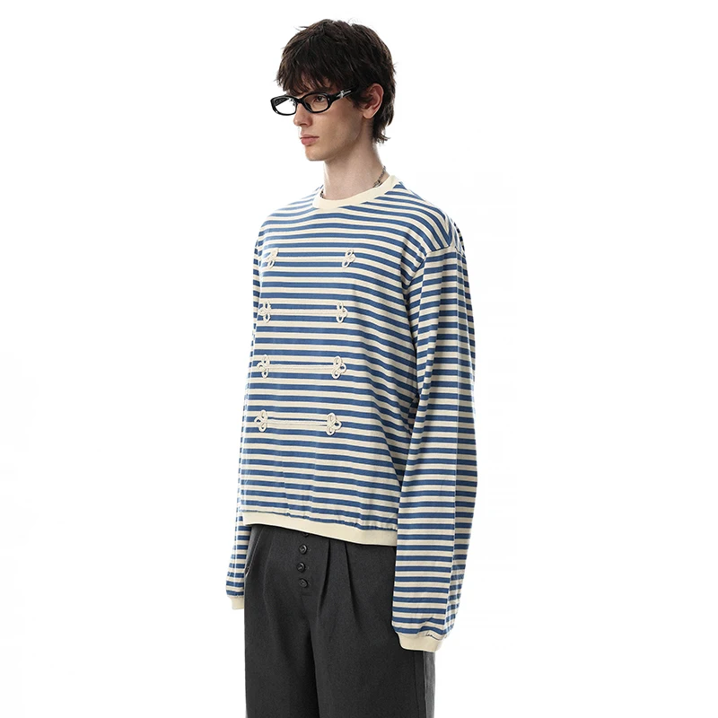 LUZHEN 2026 New Trendy Stripe Printed Original Embroidery Patchwork Pattern Long Sleeve T-shirts Men's Handsome Clothes JY8920