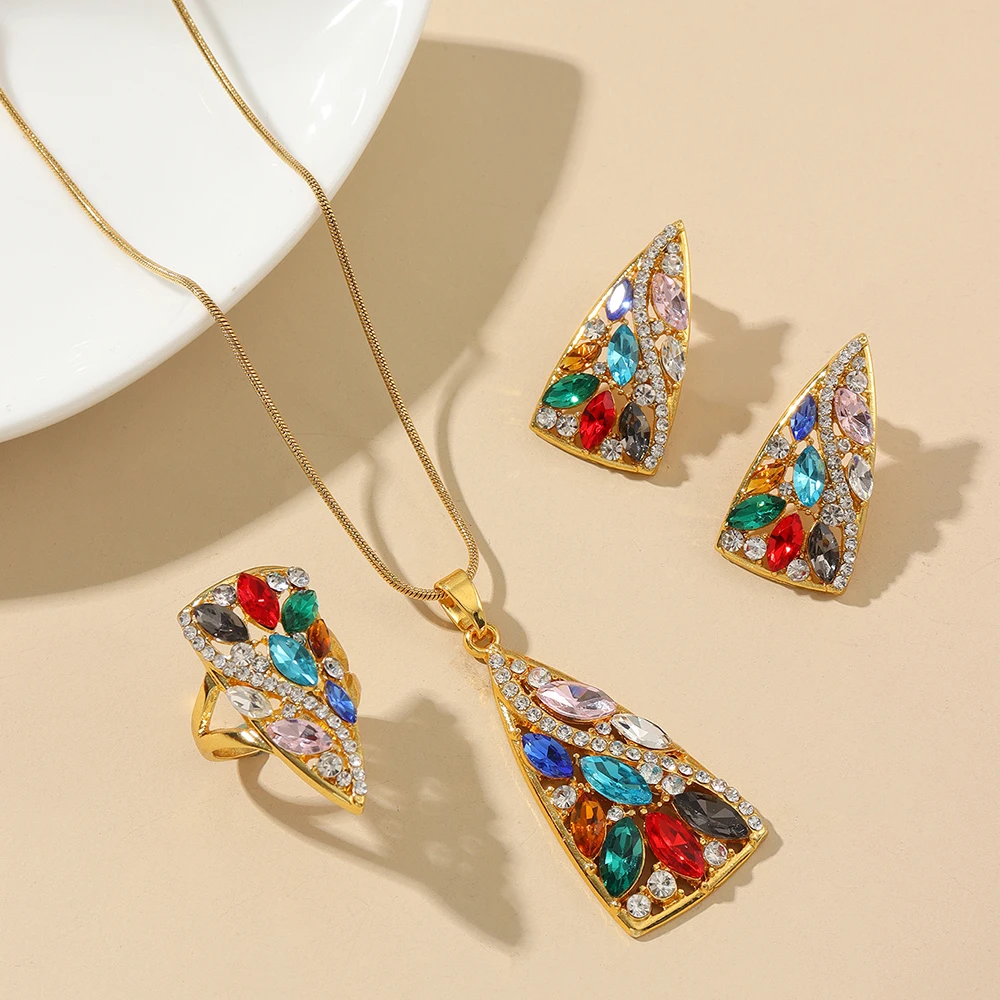 3-piece Set New zircon  pendant necklace + earrings + ring jewelry set  for Women Colored zircon stainless steel golden Set