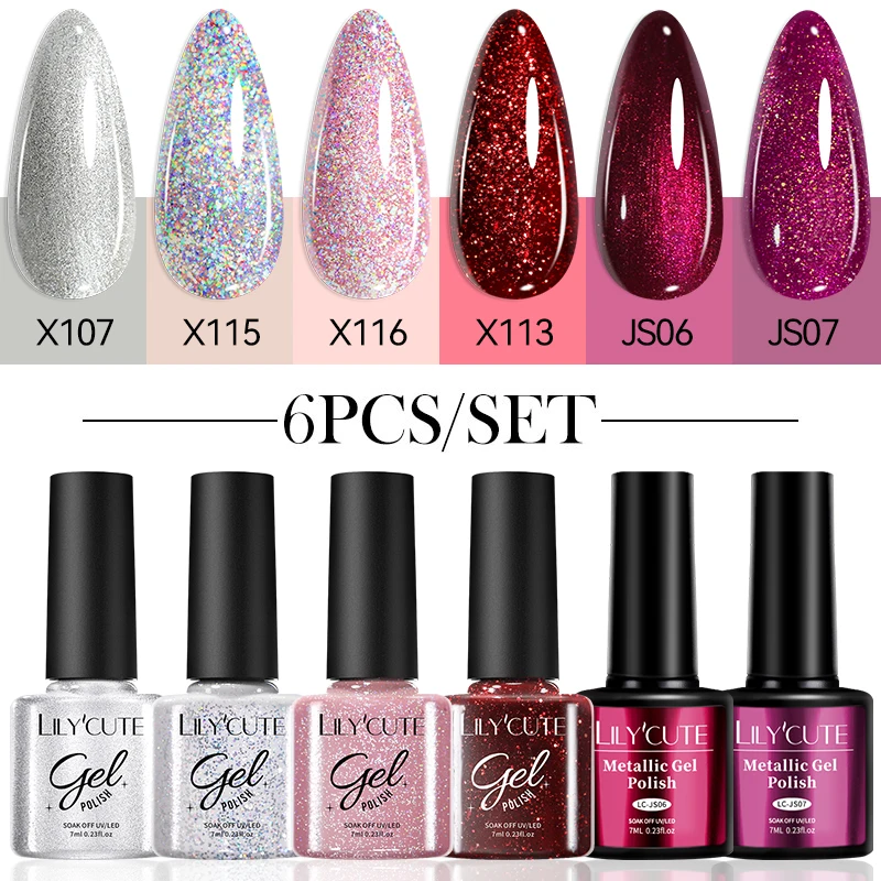 LILYCUTE 6PCS/SET Red Silver Glitter Gel Nail Polish Gorgeous Color Full Coverage Semi Permanent Soak Off Nail Art Varnish Kit