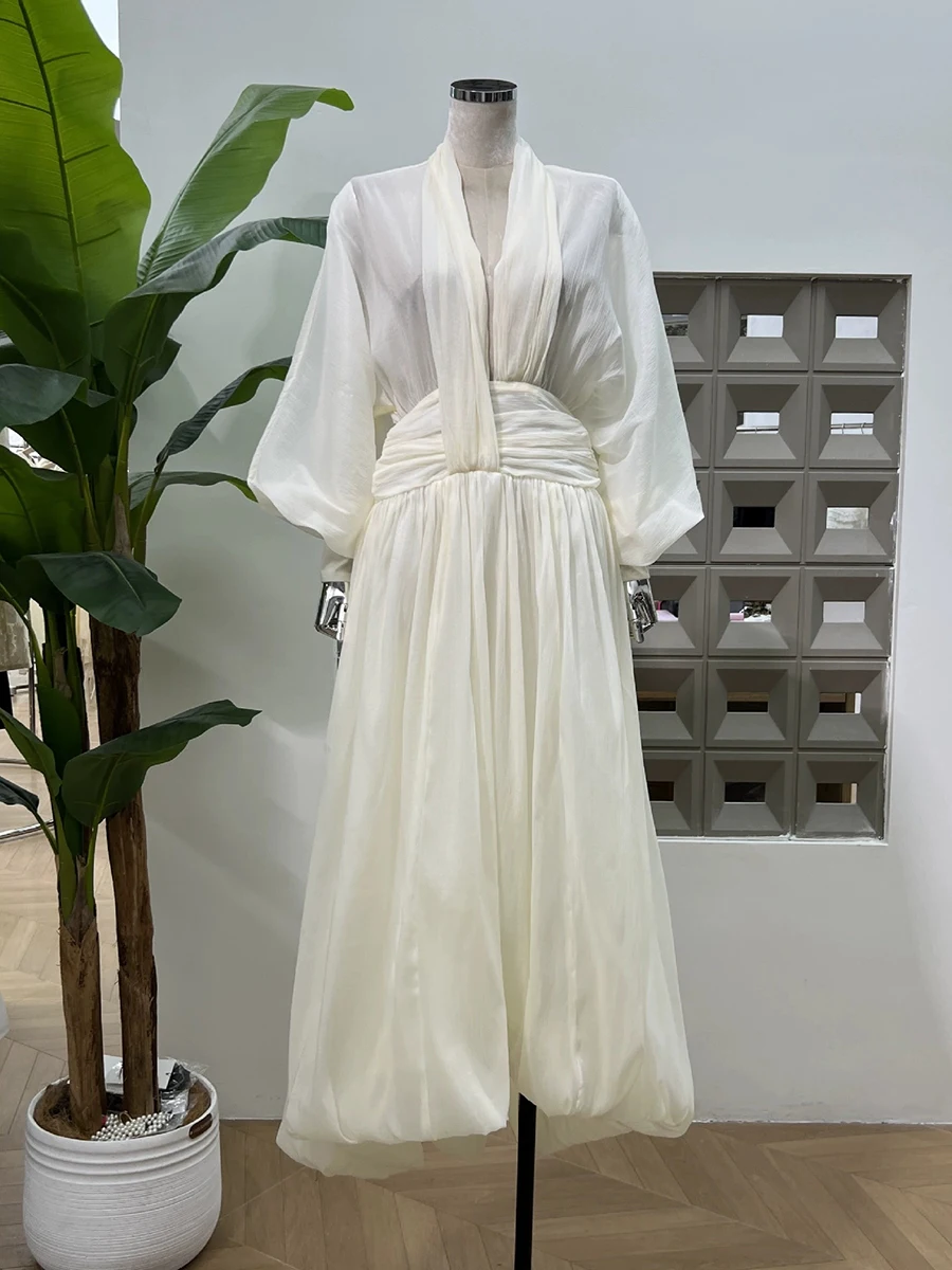 VGH Urlaub Gespleißt Unregelmäßigen Saum Kleider für Frauen V-ausschnitt Laterne Hülse Hohe Taille Transparent Puff Kleid Weibliche Herbst Stil