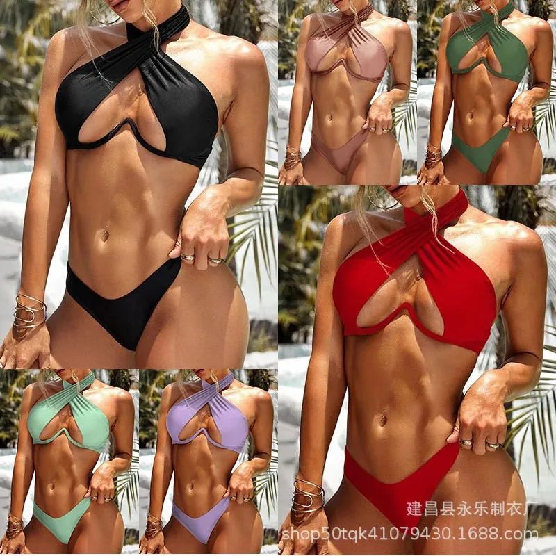 Woman 2026 Bikini Halter Neck Cross Front Top Bikinis High Cut Bottom Swimwear Solid Color Wrap Style Two Piece Swimsuit