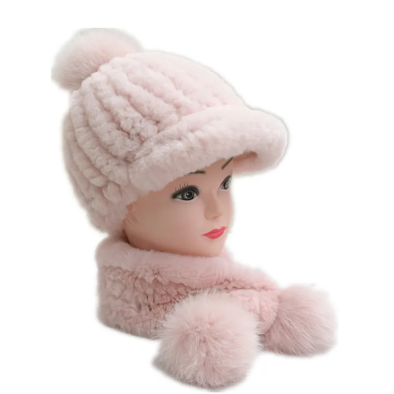 Child Boy and Girl Real Rex Rabbit Fur Hat and Scarf Set Winter Outdoor Women Knitted Warm Cap with Brim