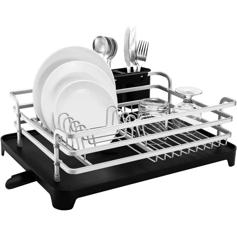 

Aluminum Dish Rack with Cutlery Holder Removable Drainer Tray, Silver