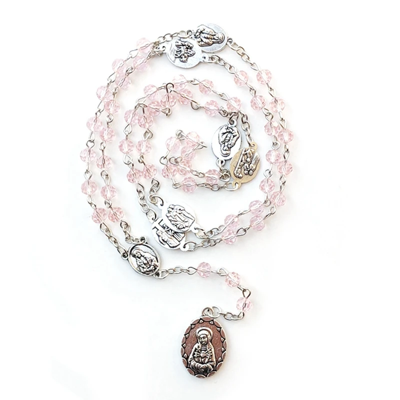 Seven Sorrows Crystal Beaded Rosary Necklace For Women Catholic Pray Pendant  Jewelry Red White Pink Blue