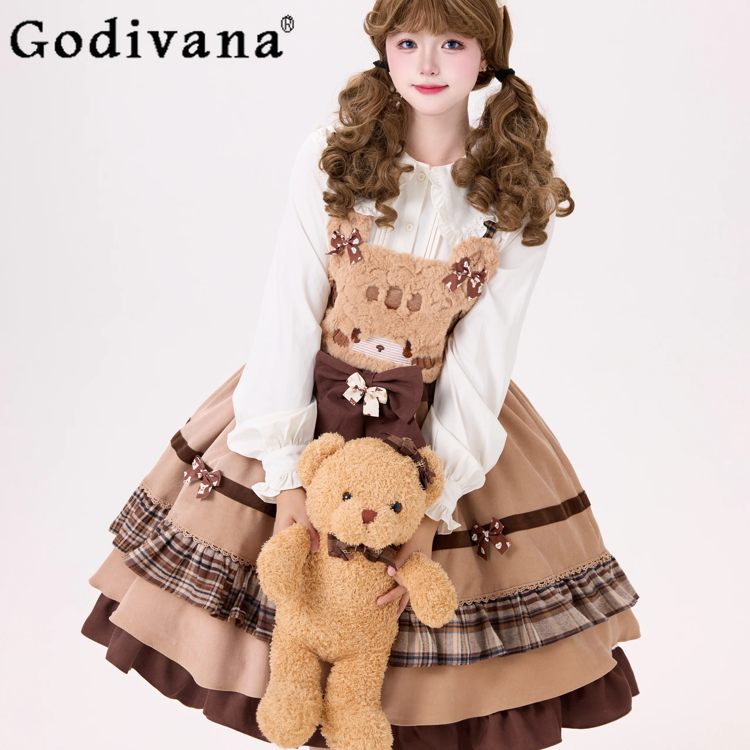 

Autumn and Winter Lolita Suspender Dress Women's Cute Sweet Soft Sister Big Bow Ruffle Edge Cartoon Dress Y2k Kawaii Dresses