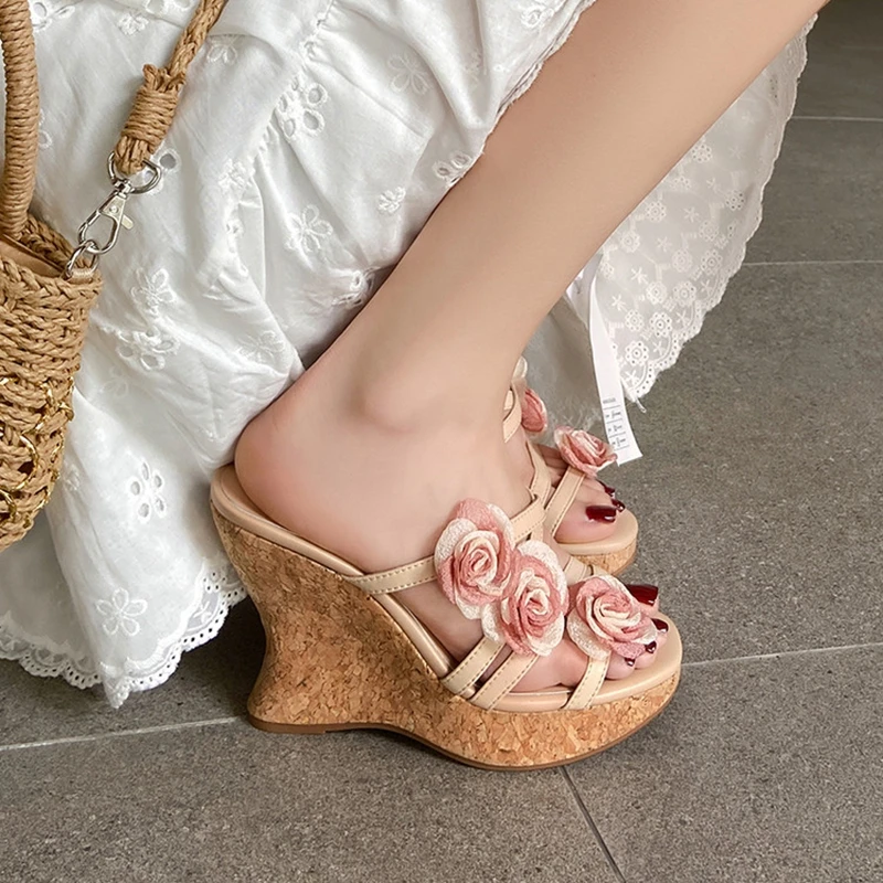 

NEW Summer Women Sandals Split Leather Shoes for Women Open Toe Super High Heel Shoes Sweet Flower Modern Sandals Platform Shoes
