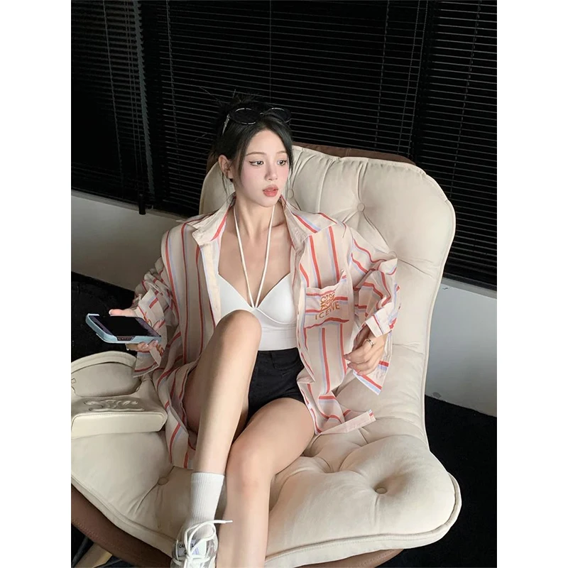 Dames Lente Zomer Mode Vintage Gestreepte Geborduurde Polokraag Shirts Met Lange Mouwen Dames Eenvoud All-Match Trend Tops
