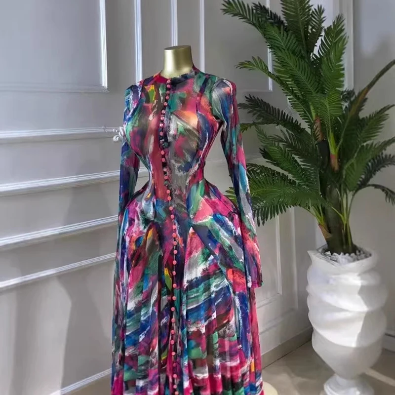 Wunderschöne Bedruckte Damenkleider mit Langen Ärmeln und Knopfleiste Vorne, Luxuriöses Maxikleid, Trendiges 2026 Party- und Abendkleid, Urlaubskleid, Langes Swing-Kleid – Detail 7