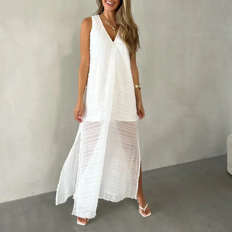 Libeliy 2025 sexy profundo decote em v divisão solta tanque vestido moda altura cintura pulôver vestido de festa feminino elegante retalhos sólido l