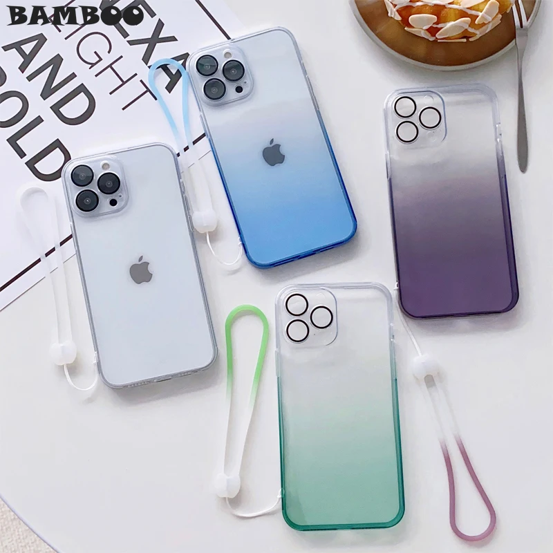 

Fashion Gridient Color Soft TPU Shockproof Transparent Case for iPhone 14 Plus13 12 Pro Max With Lens Film Hang Cord Clear Cover