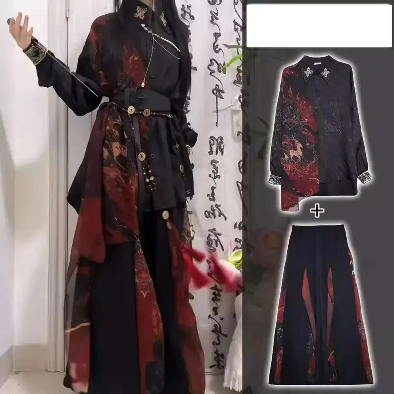 النمط الصيني الجديد تحسين Guofeng قميص الصين شيك Wuxia نمط واسعة الساق التنانير والسراويل هان عناصر قميص زي القديمة