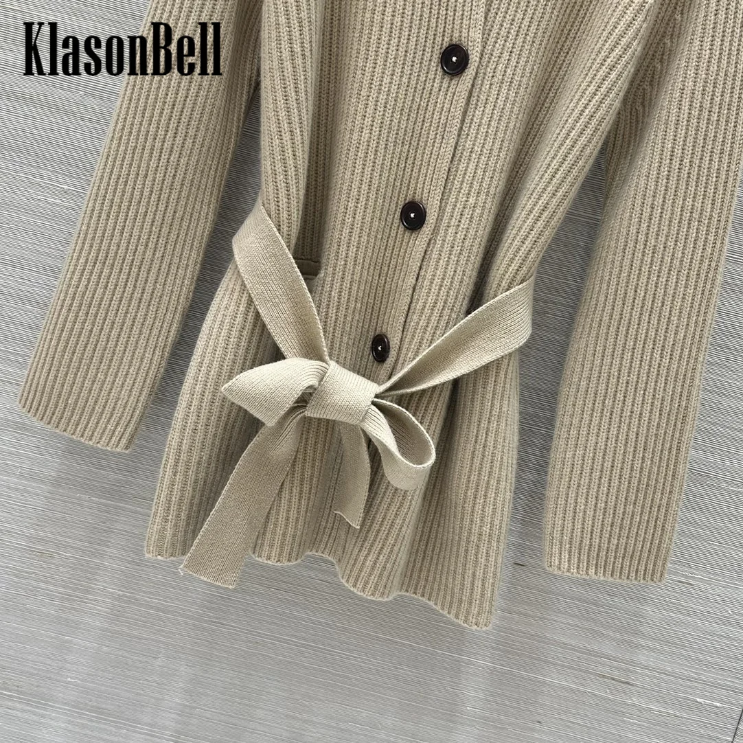 9.2 KlasonBell Women\'s Elegant Double Pocket With Sashes Bow Ribbed Wool Knit Cardigan Lapel Single Breasted Coat Autumn New