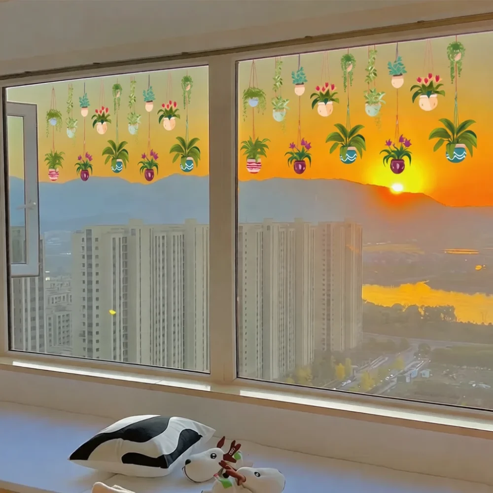 Green Hanging Basket Plant Window Sticker Static Cling Decorative Film Removable Glass Mural For Home Shop Window Decor