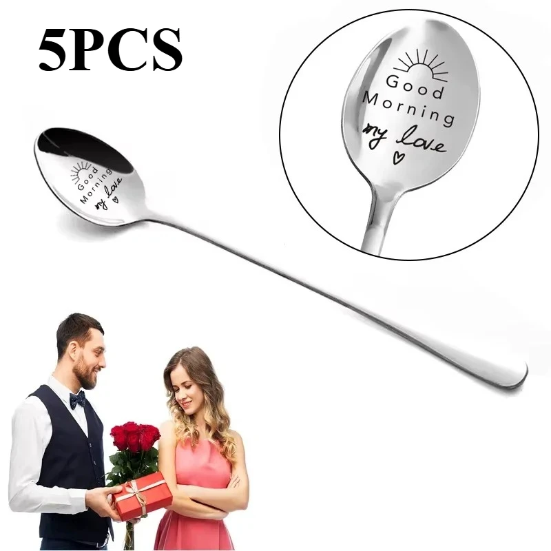 VECENT 5PCS Stainless Steel Milk Coffee Spoons Love Letter Wedding Souvenirs Anniversary Gift Spoons for Couple Birthday Gift