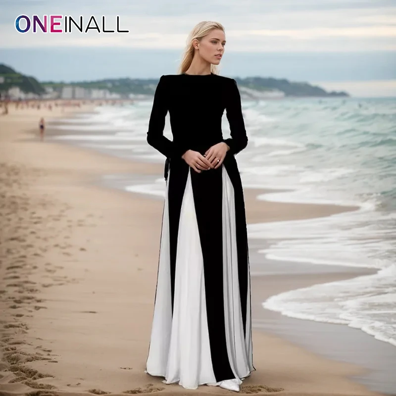 

ONEINALL Hit Color Elegant Long Dresses For Women O Neck Long Sleeve High Waist Temperament Slim Dress Female Clothes Autumn New