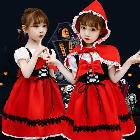 Girls Little Red Riding Hood Cosplay Children's Costume Princess Halloween Dress Headband + Pumpkin Bag Set Dresses for Girls