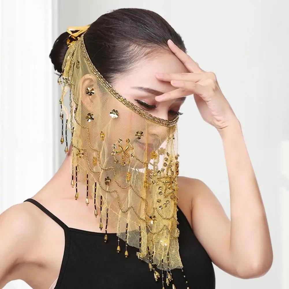 Velo da performance Fiore Paillettes Perline Decor Pizzo Danza del ventre Tribale Velo da viso Tessuto Velo da ballo Accessorio per costume di Halloween