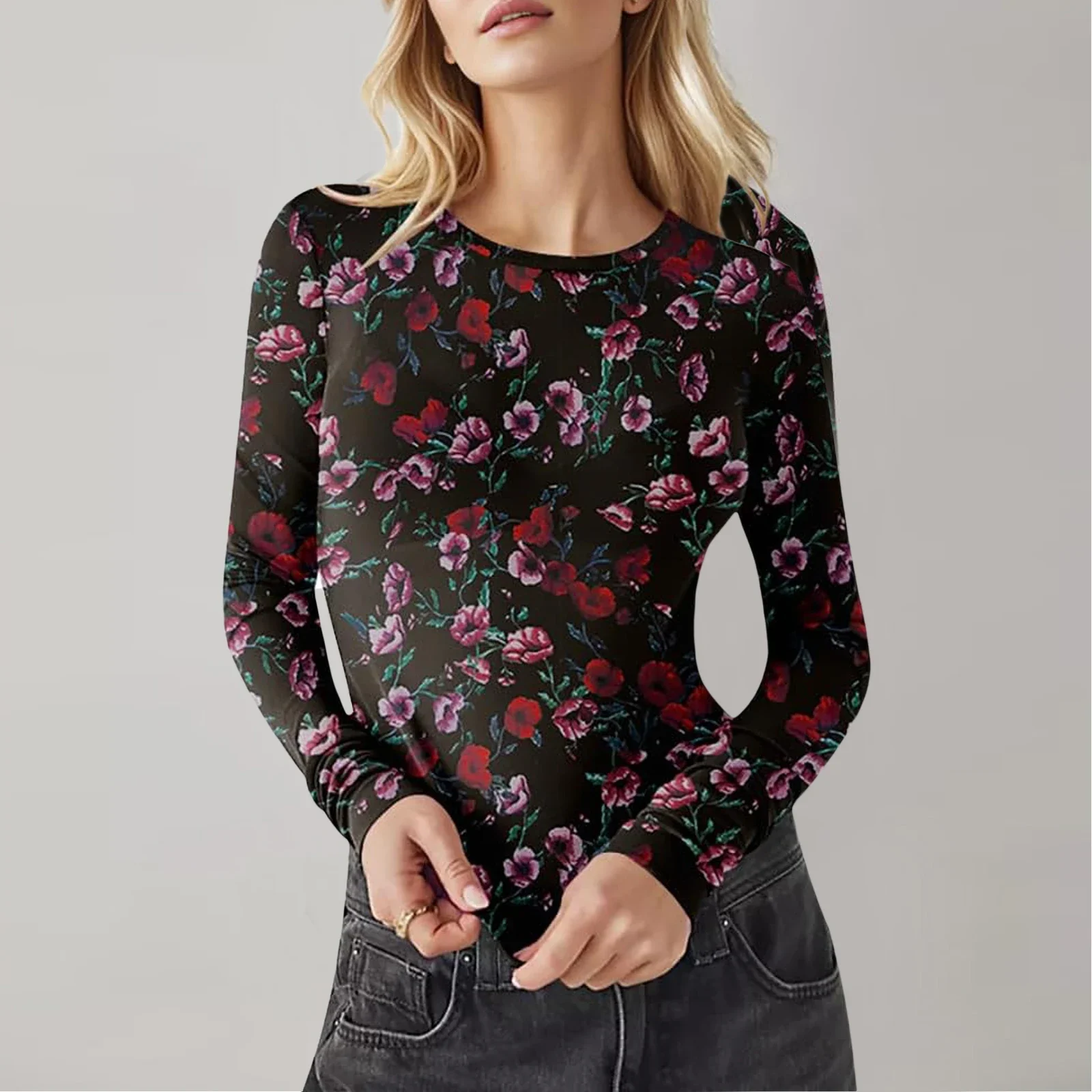 Women's Mesh Long Sleeve Tops Fashion Sexy Round Neck Floral/Spot/Leopard Print Slim Fit T-Shirts Basic Blouses