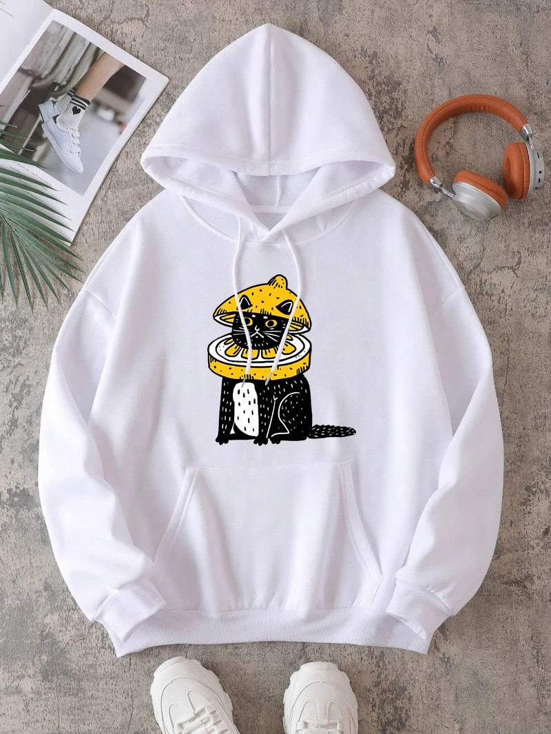 Black Cat And Lemon Hoodies Womens Cartoons Printing Hooded Loose Fleece Warm Pocket Tops Sporty Comfortable Womans Clothing