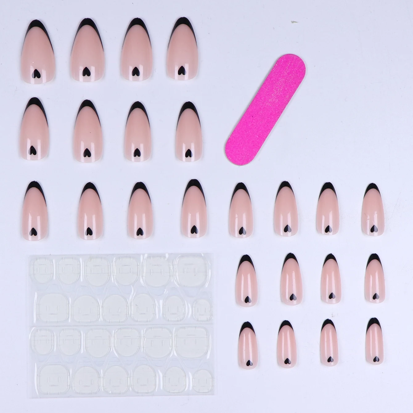 24 قطعة، طرف فرنسي أسود اضغط على الأظافر أظافر عيد الحب المزيفة مع أظافر اللوز اللامعة أظافر صناعية سوداء على الأظافر #3