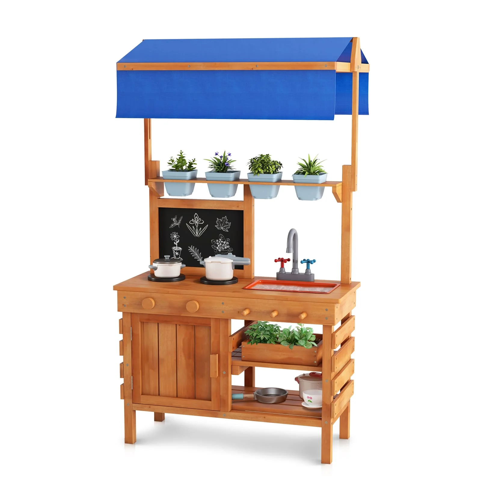 DORTALA Kids Potting Bench Fir Wood Play Kitchen w/ Adjustable Canopy-Natural