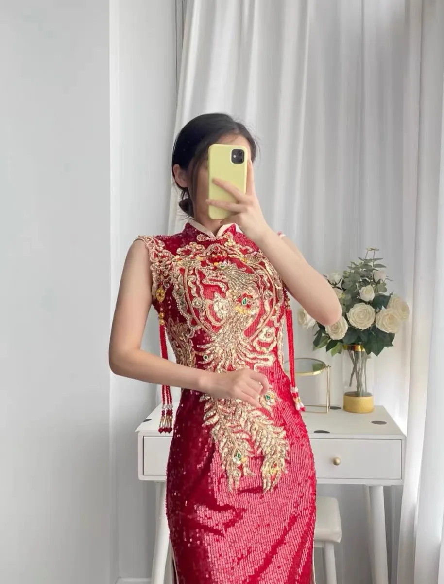 Yourqipao 3 Ways Wear Beaded Phoenix Embroidery Marry Cheongsam Traditional Chinese Bride Groom Wedding Dress Vestito Da Sposa