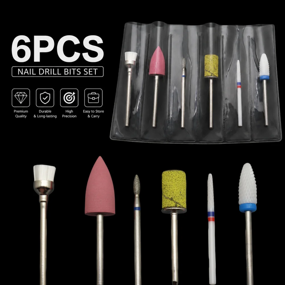 6-teiliges Keramik-Silikon Nagelbohrer-Set, Nagelhautvorbereitung & Oberflächenreinigung E-File Bits, 2,35mm Schaft Maniküre-Werkzeugset